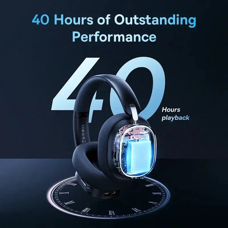 Baseus GH02 gaming wireless over-ear headset with transparent ear cups and blue RGB lighting