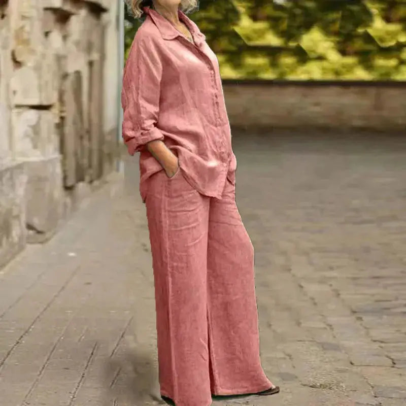 Cotton Linen Shirt Two Piece Set For Women With Wide Leg Trousers
