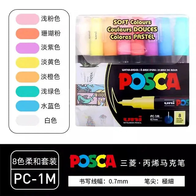 POSCA paint marker pen set PC-1M PC-3M PC-5M in original vinyl case, 8-color water-based pigment ink by Simples Market