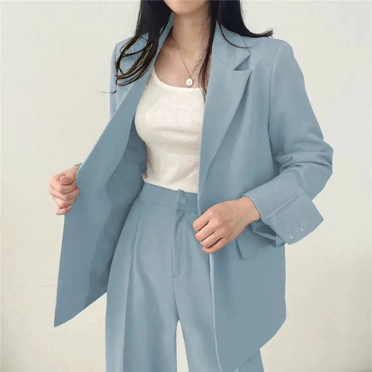 Simples Market blue long-sleeve blazer and matching pants two-piece womens outfit set
