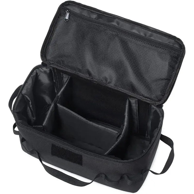 Outdoor camping storage bag by Simples Market in black nylon with internal dividers