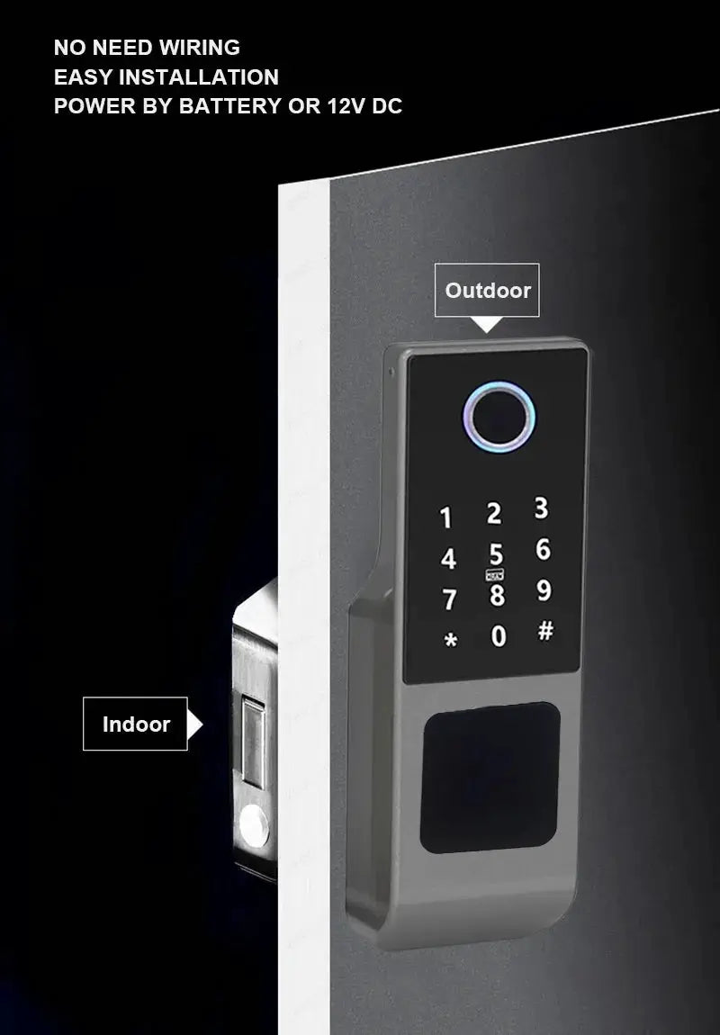 Tuya WiFi double-side fingerprint door lock with keypad, black front panel and silver body for outdoor use