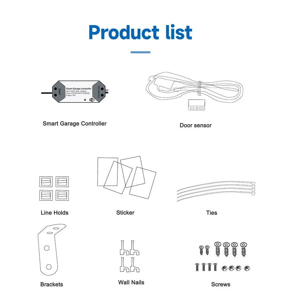 Simples Market Tuya garage door controller kit 8-piece contents with smart controller, door sensor, mounting hardware