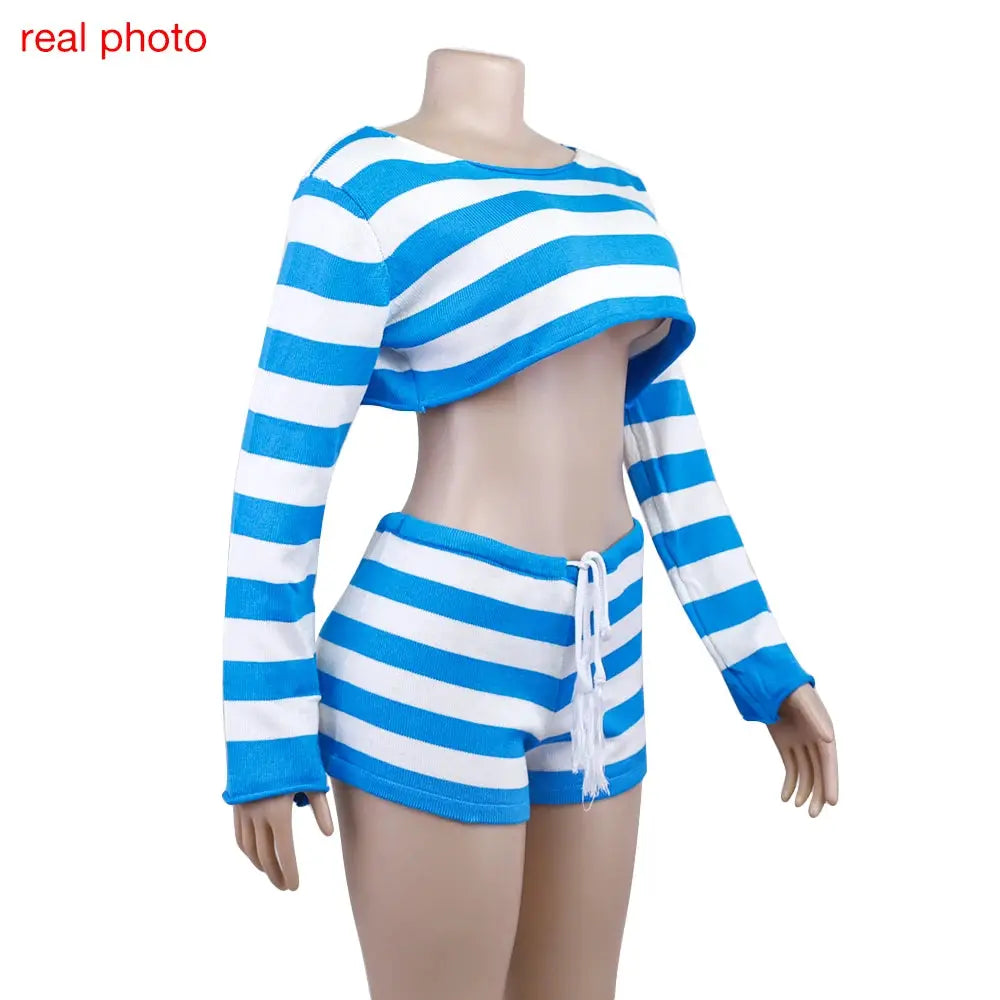 Striped Knit Two Piece Set Off Shoulder Top and Shorts Casual Fashion