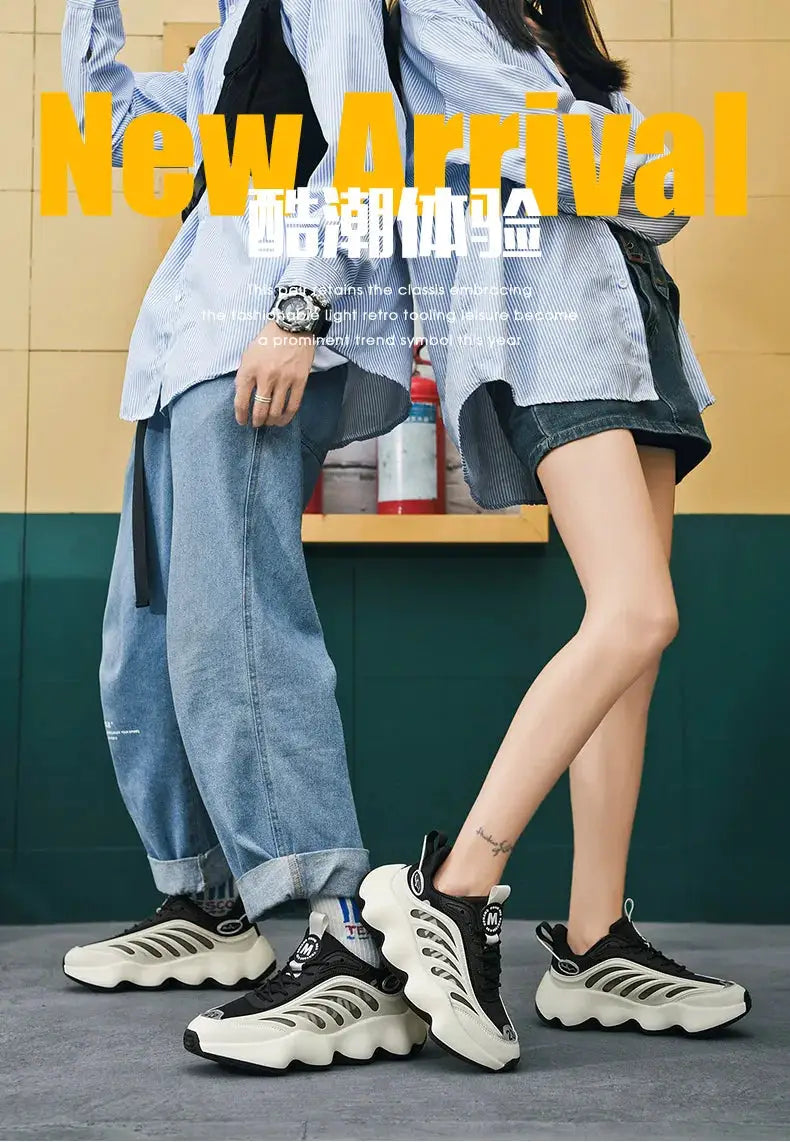 Simples Market men's sneakers with black and ivory wavy sole; casual trainer style, shown with multiple pairs.