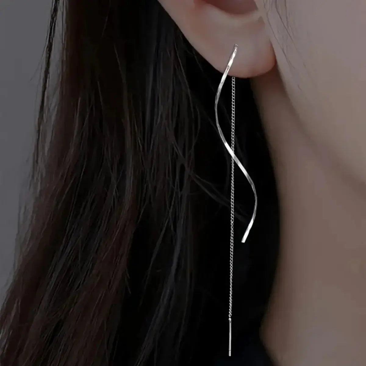 2pc Simples Market silver-tone earrings set with curved bar and long chain