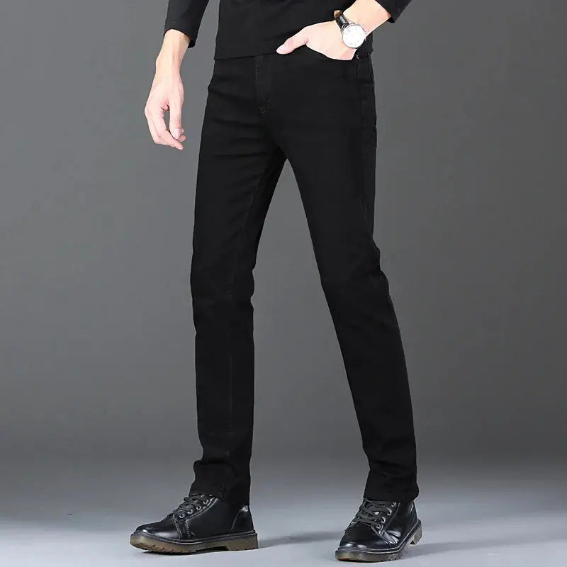 Men's black straight-leg denim jeans with stretch for casual business wear