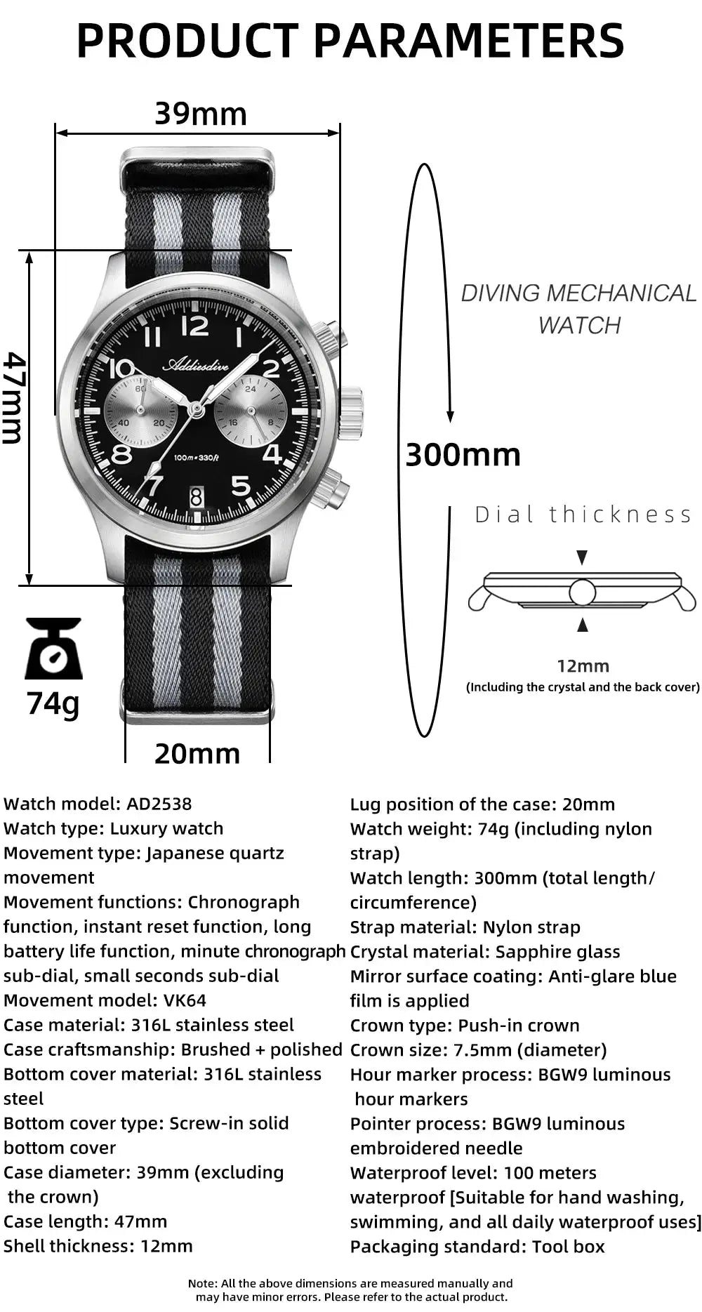 ADDIESDIVE men's watch, black dial with silver subdials, stainless steel case, striped nylon NATO strap