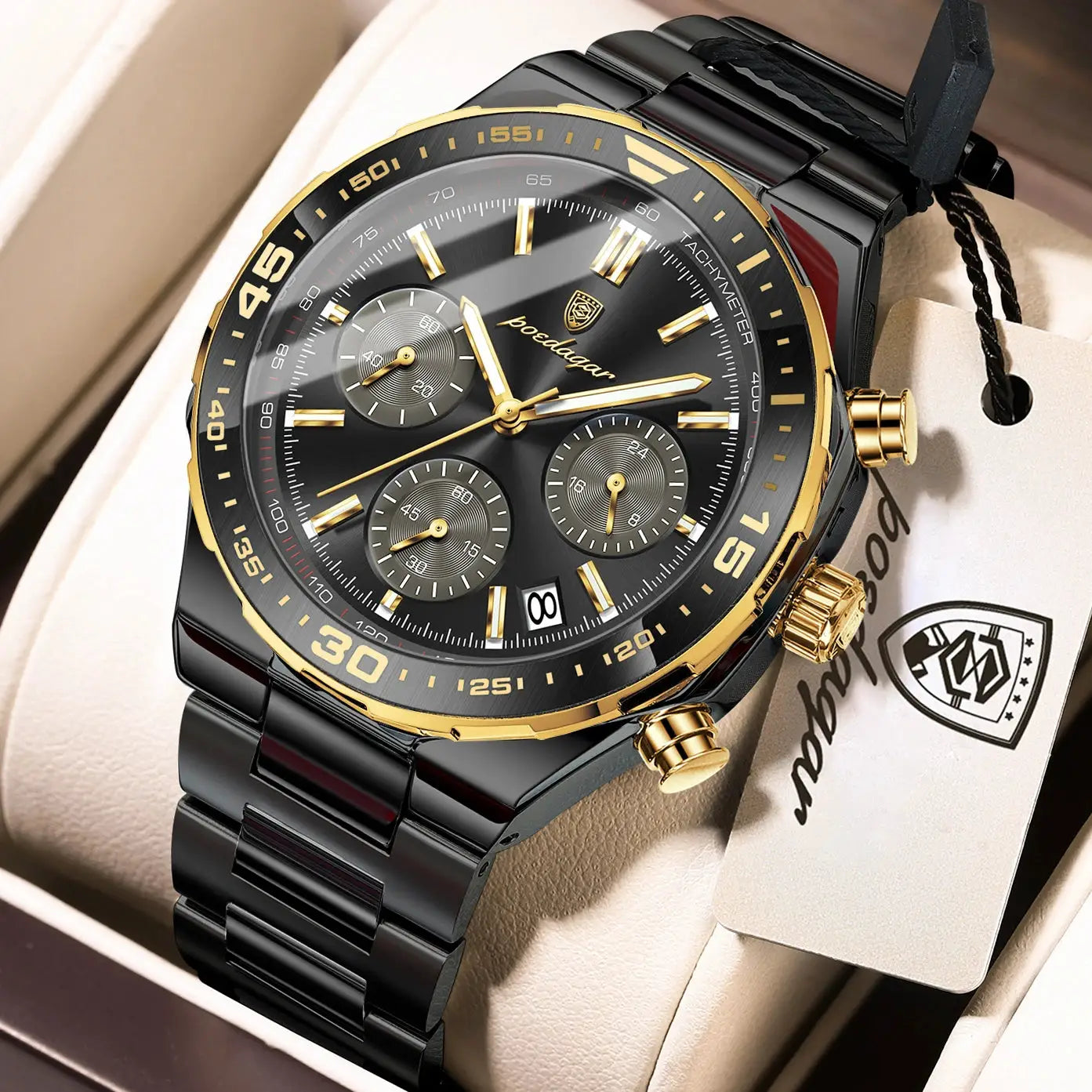 POEDAGAR men's quartz chronograph watch with black dial, gold-tone bezel and black stainless steel bracelet