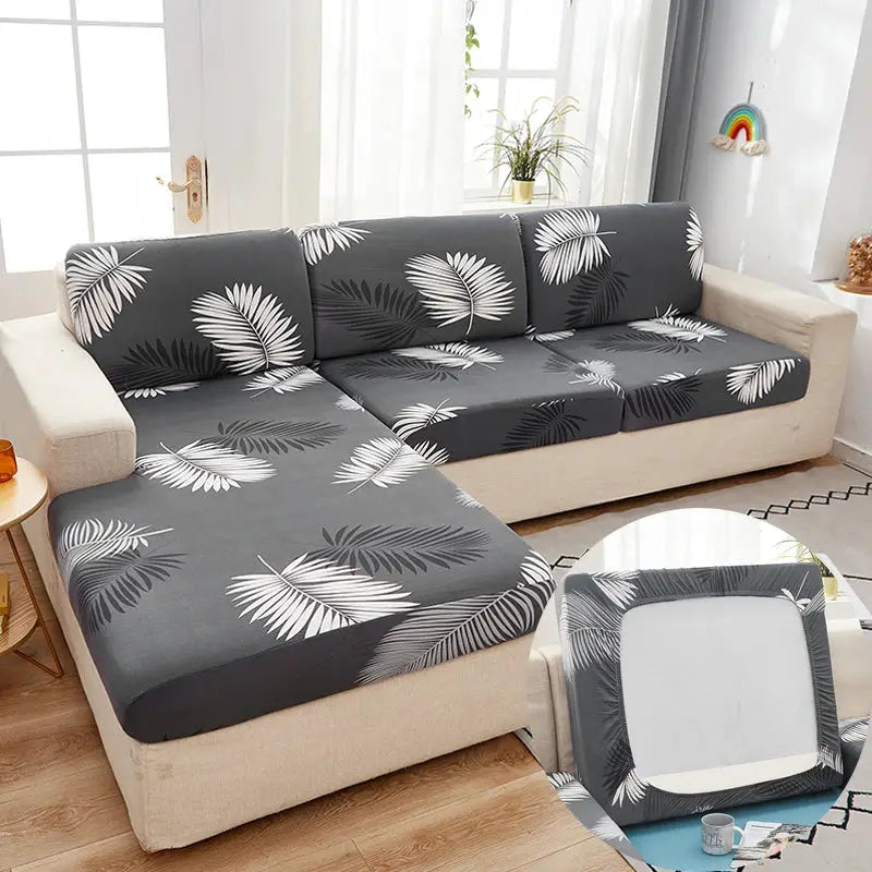 Corner sofa cover by Simples Market grey with white palm-leaf pattern, elastic stretch slipcover