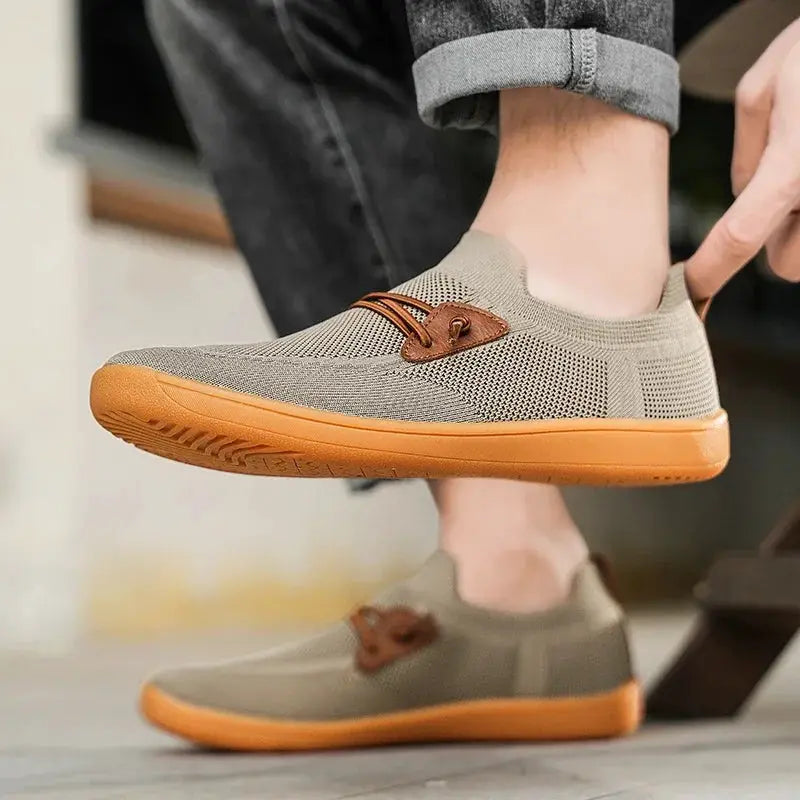 Barefoot shoes wide version for men and women; beige knit upper, orange sole, Simples Market