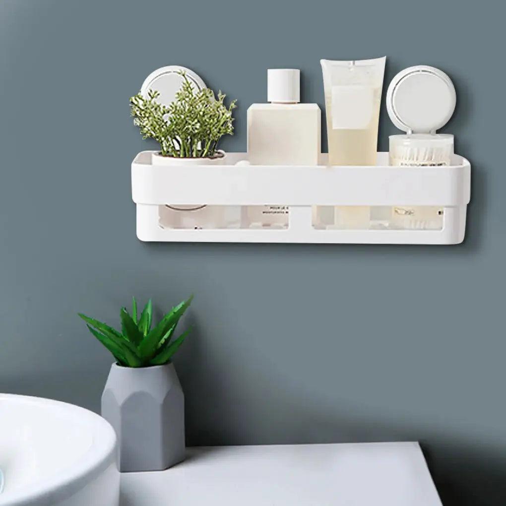 Shower suction cup shelf basket bathroom organizer by Simples Market, white plastic draining basket