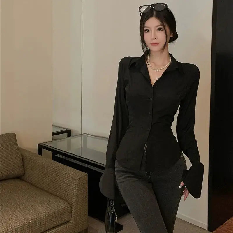 Gidyq fashion women's bandage shirt, black fitted blouse with long bell sleeves