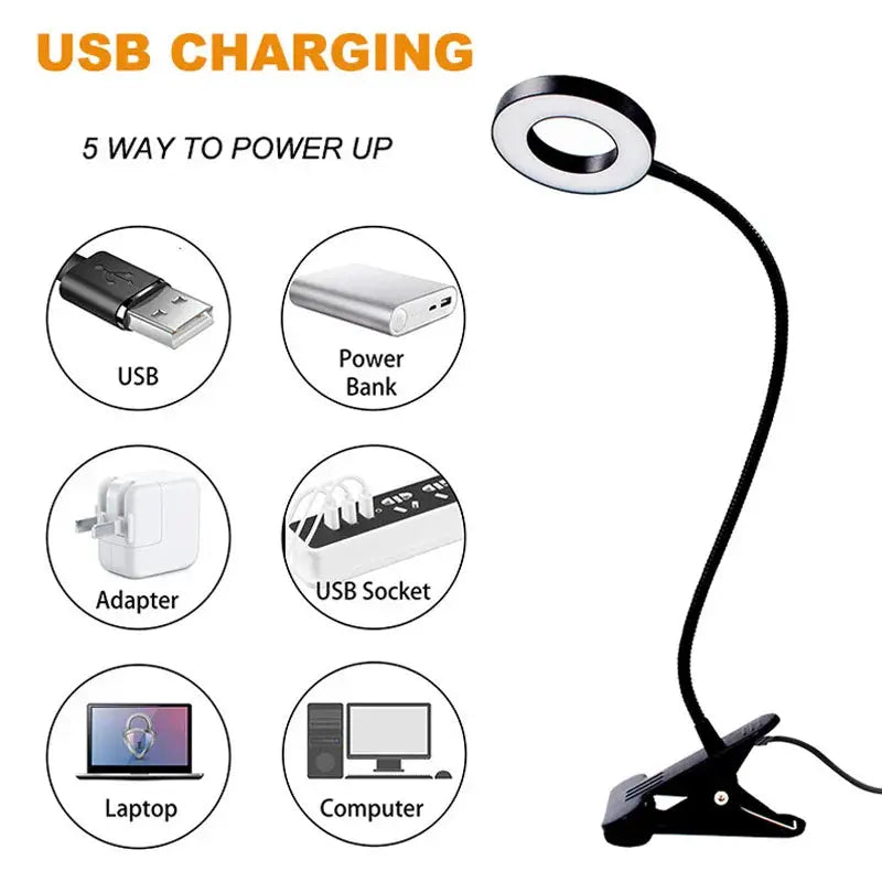 LED ring clamp lamp with USB charging, 360° rotatable gooseneck, and 3-level color temperature desk light