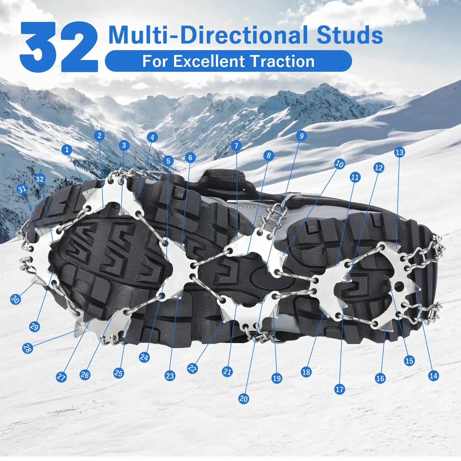 Tomshoo 32-Teeth Ice Gripper Spikes for Shoes, black metal crampons with chains by Simples Market