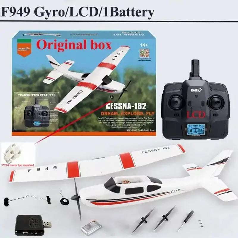 WLtoys F949 RC airplane kit with LCD transmitter; white Cessna-182 style plane with red accents