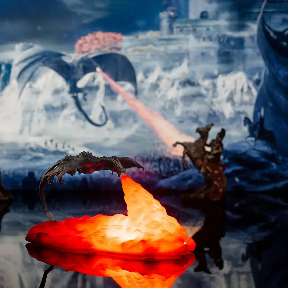 3D printed fire dragon LED lamp by Simples Market with orange lava-rock base, USB rechargeable desktop decor