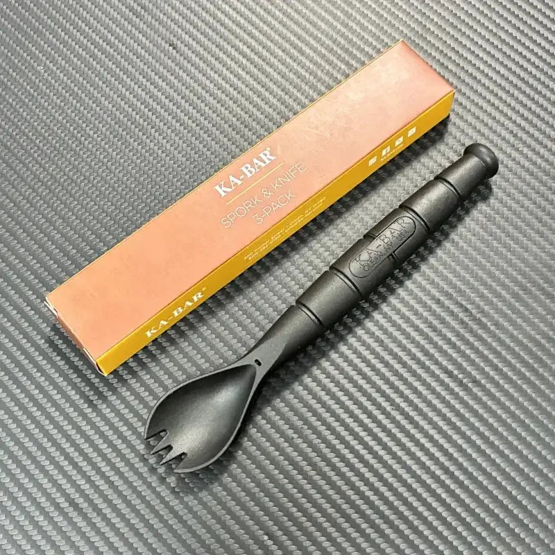 Tactical mini cutlery set with spork & knife, KA-BAR 3-pack, black handle, boxed