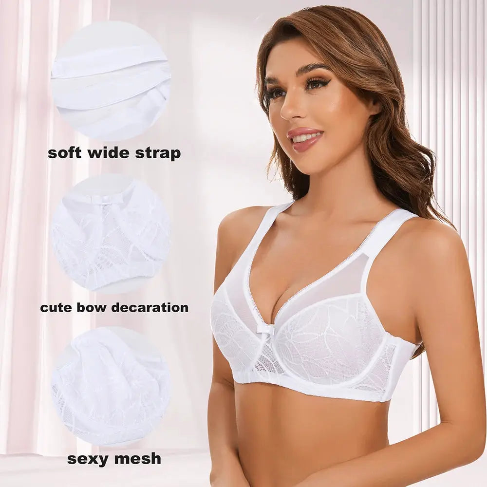 Sheroine plus-size underwire lace floral bra in white with full coverage and bow detail — Simples Market