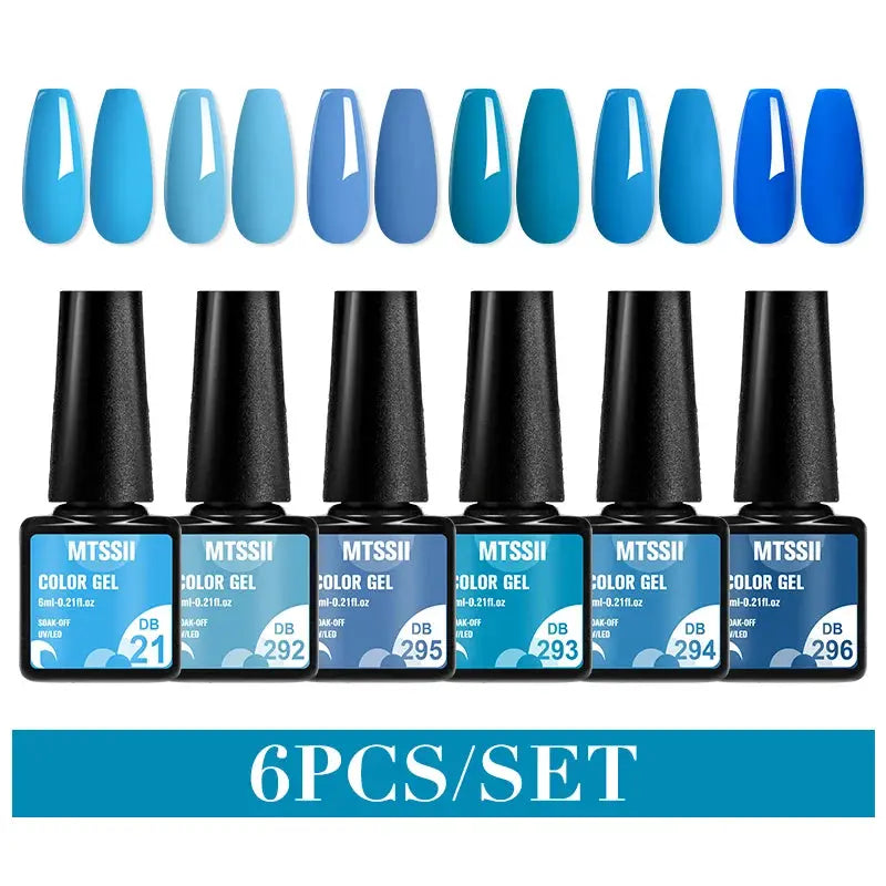 Gel nail polish set MTSSII, 6 blue shades with swatches