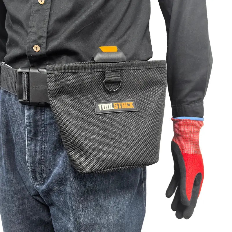 ToolStack high-capacity nails pouch on a waist belt; black waterproof tool bag with TOOLSTACK logo.
