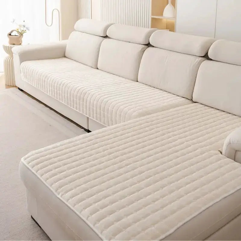 Cream velvet sofa cushion cover set for L-shaped sectional; non-slip, quilted stripe design