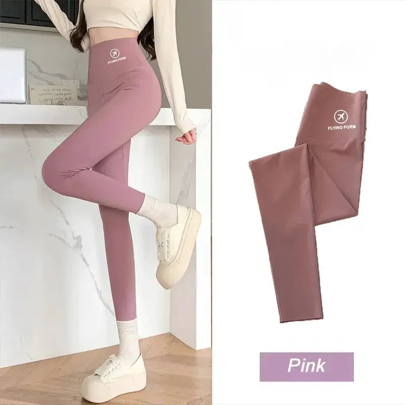 Pink high-waisted yoga leggings set (2) with Flying Form logo, full-length women's tights.