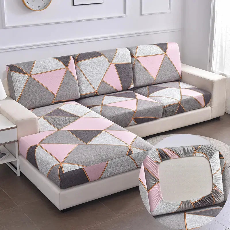 Stretch couch cushion slipcovers for individual cushions in pink and grey geometric pattern