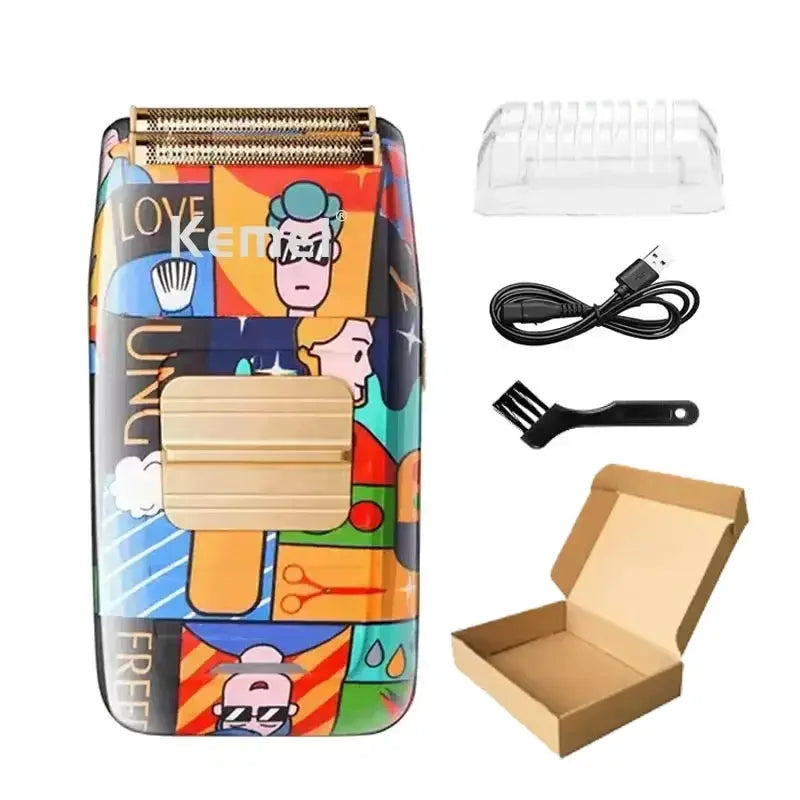 Kemei professional cordless hair clipper with graffiti multicolor pattern; includes USB cable, brush, guard, and box.