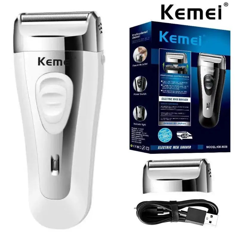 KM-9038 Kemei electric foil shaver for men with USB charging; white/silver, extra mesh head, box and USB cable.