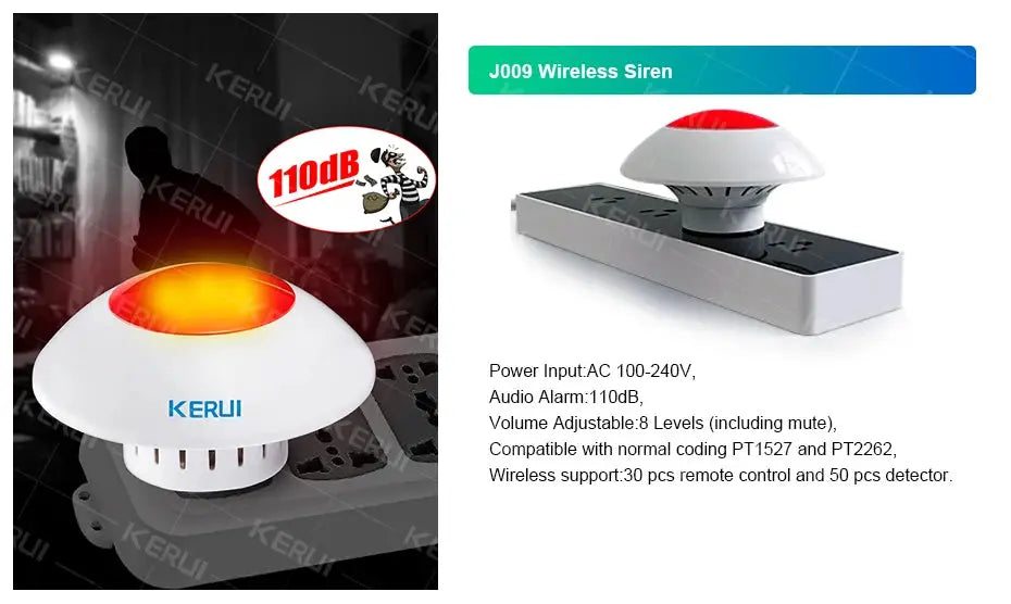 KERUI wireless alarm siren units; 2 white dome sirens with orange beacon.