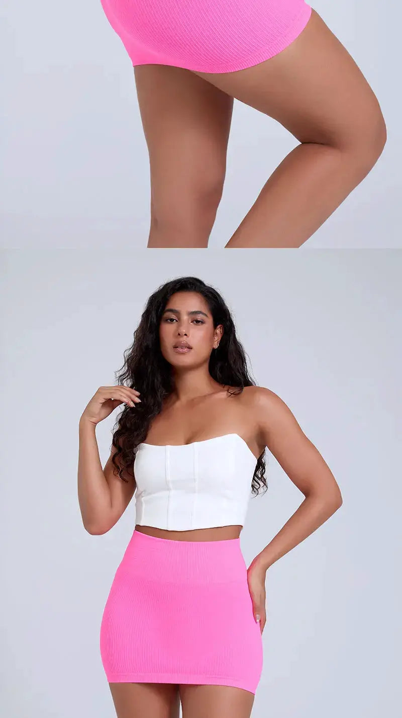 Women's pink knitted high-waisted mini skirt; elastic waist, two-view product shot