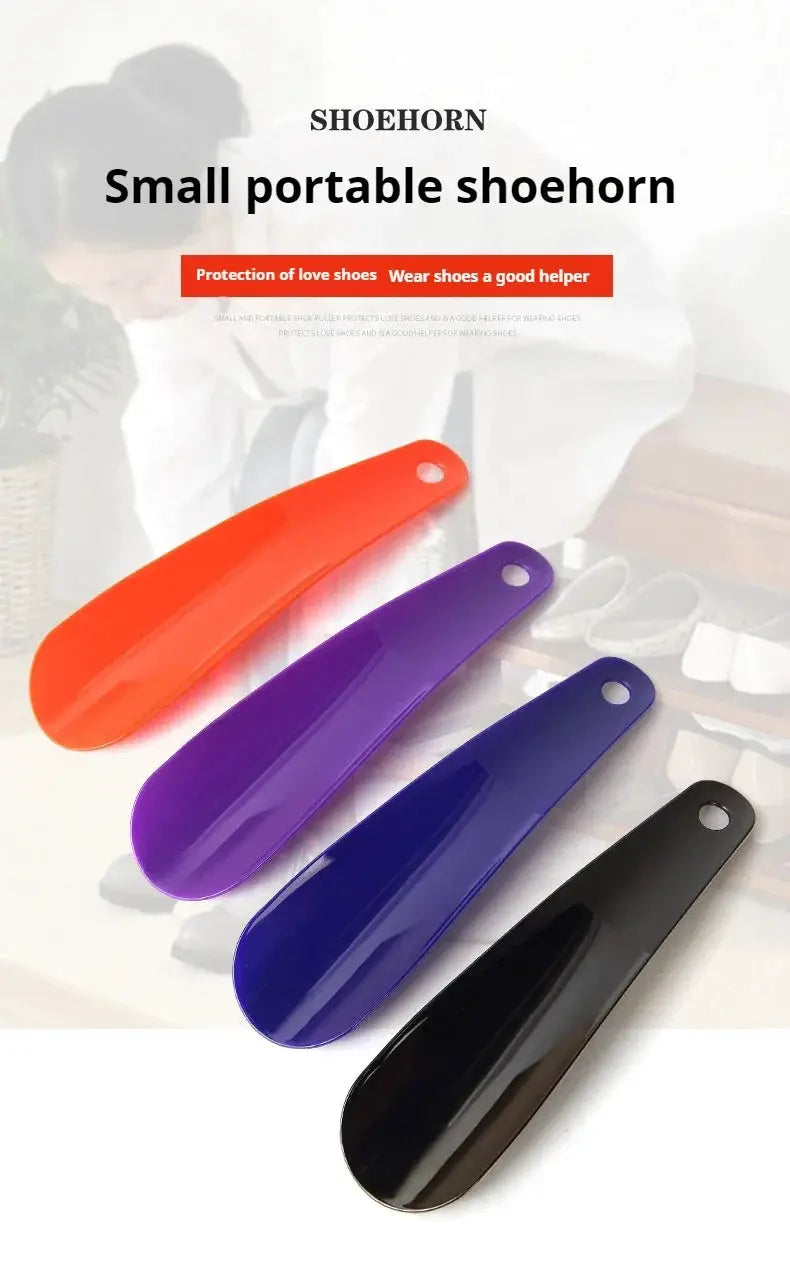 Shoe horns, five-piece set, 16 cm long with short handles, plastic in varied colors for home use