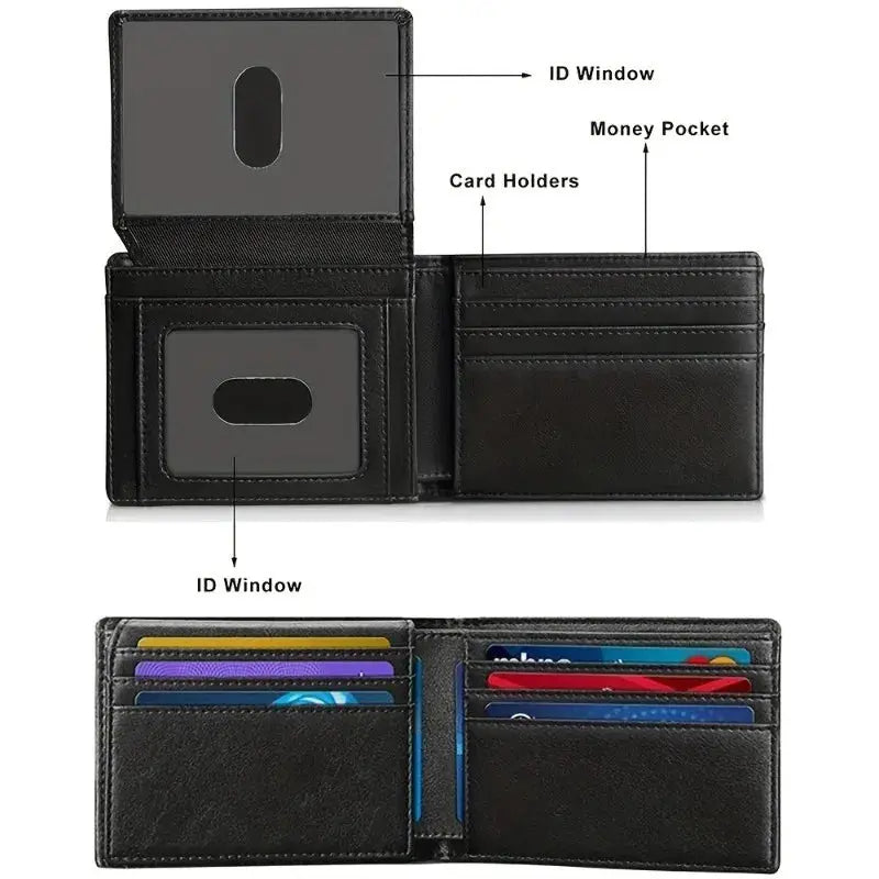 Men's ultra-thin RFID leather wallet with ID window by Simples Market, black leather with card slots