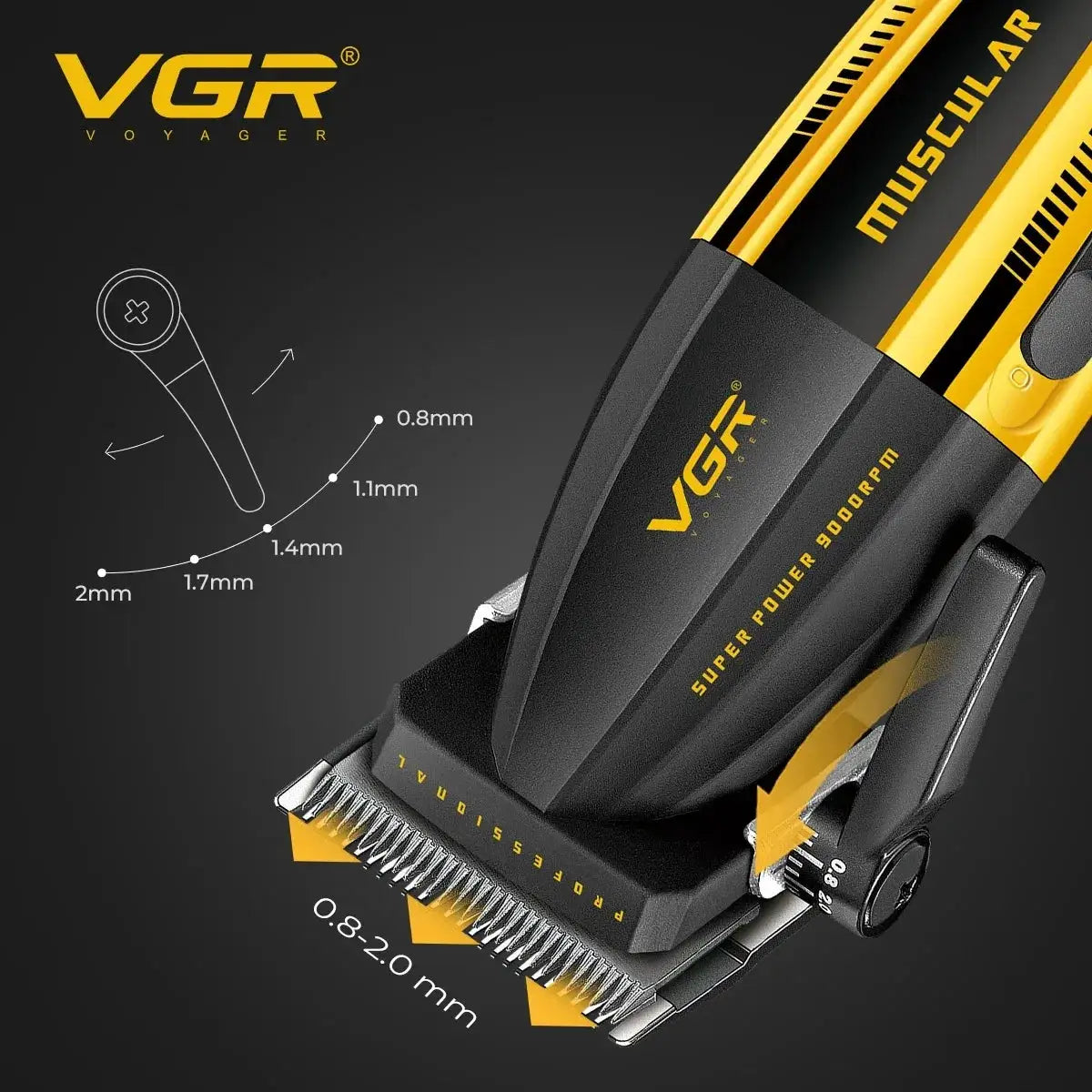 VGR hair trimmer professional electric clippers, black and yellow metal body with adjustable blades 0.8–2.0 mm