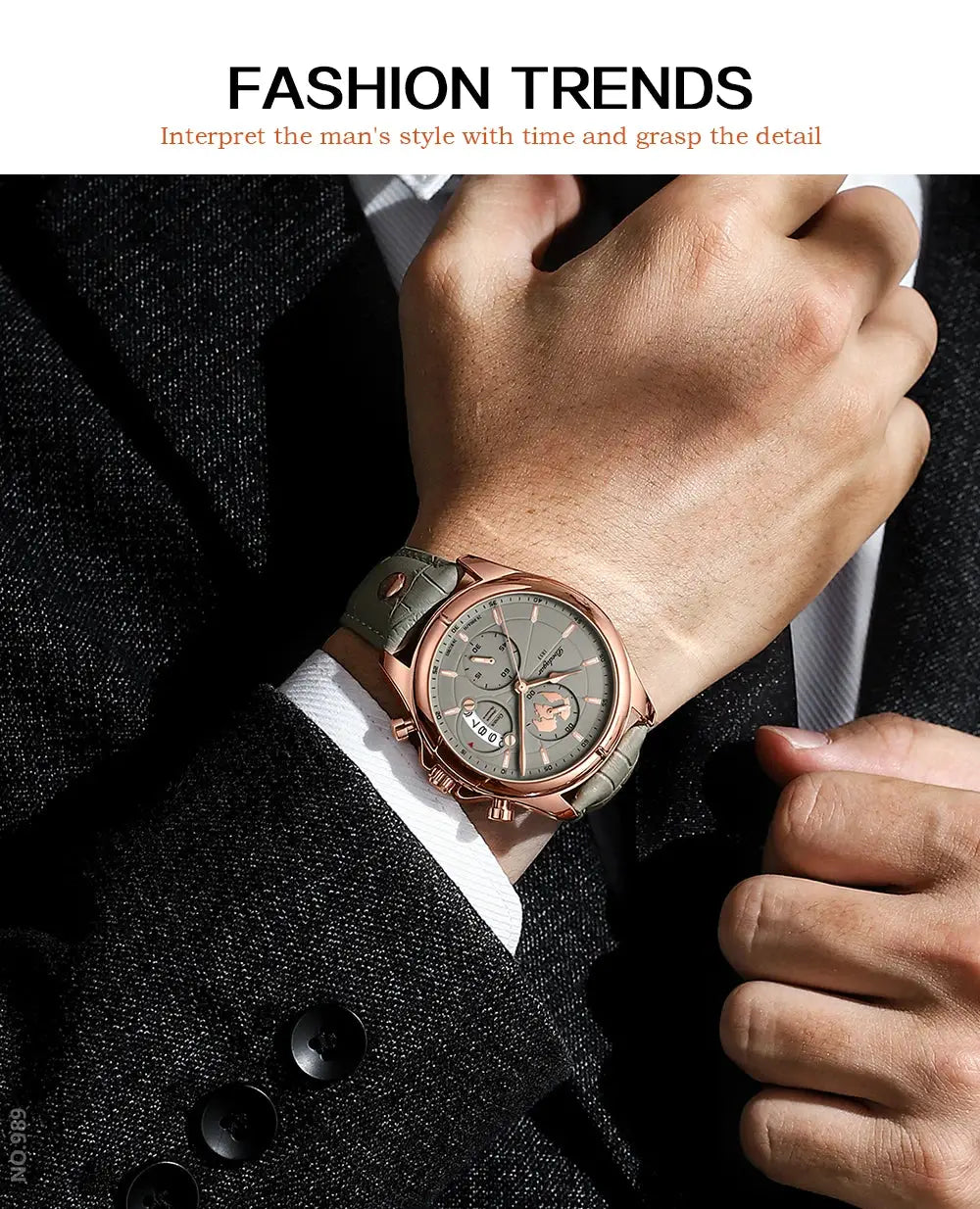 POEDAGAR men's chronograph watch by Simples Market, rose-gold case with grey dial and light grey strap