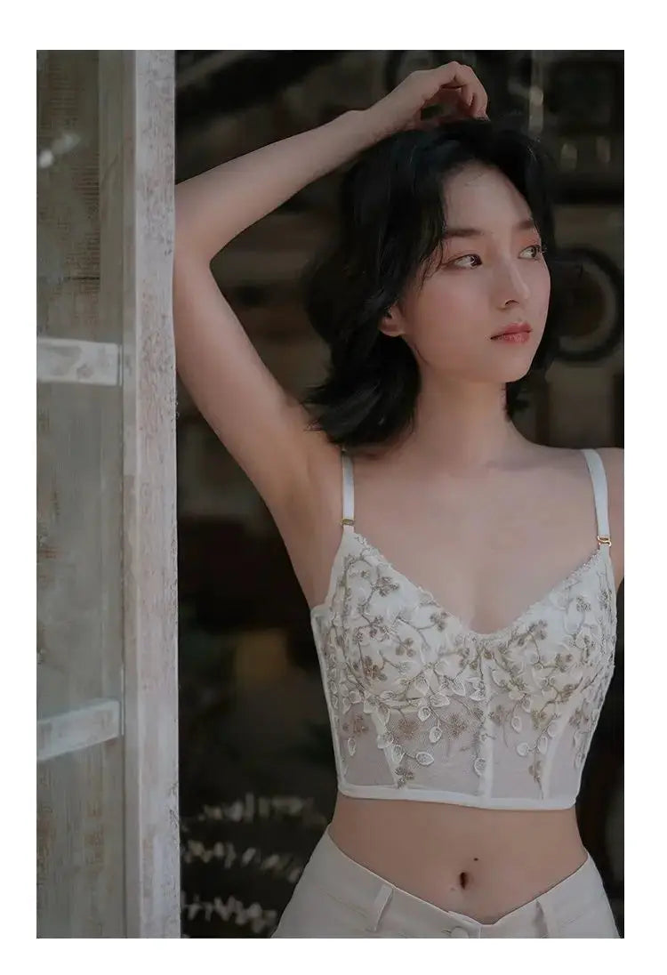 Embroidered lace bralette in cream with floral applique, sheer panels and adjustable straps