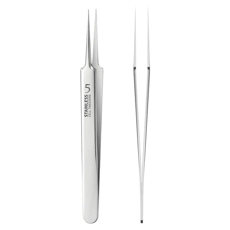 Two stainless steel precision tweezers with ultra-fine No.5 tips