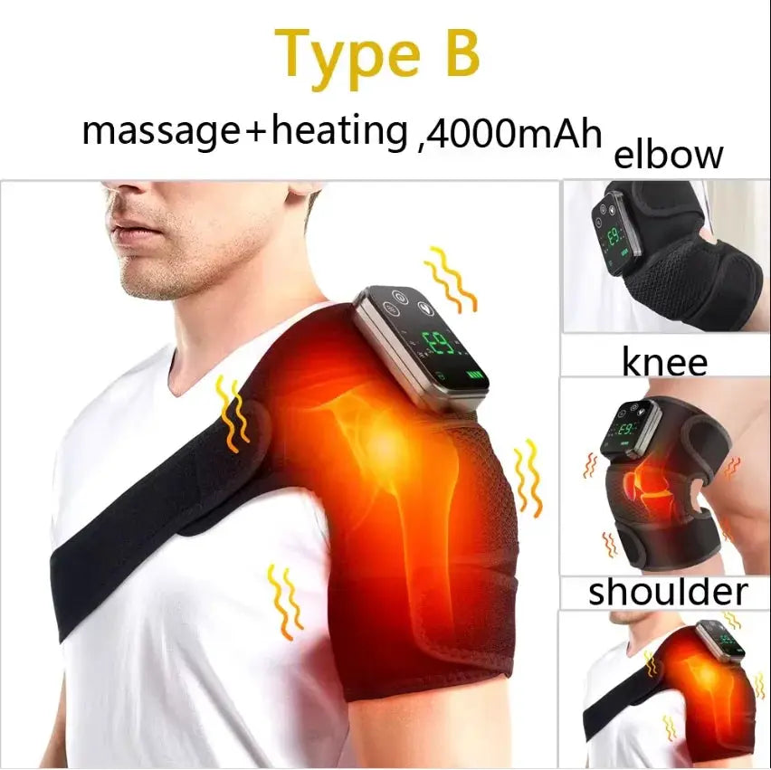 Electric heated shoulder massage wrap by Simples Market with adjustable black strap and control unit