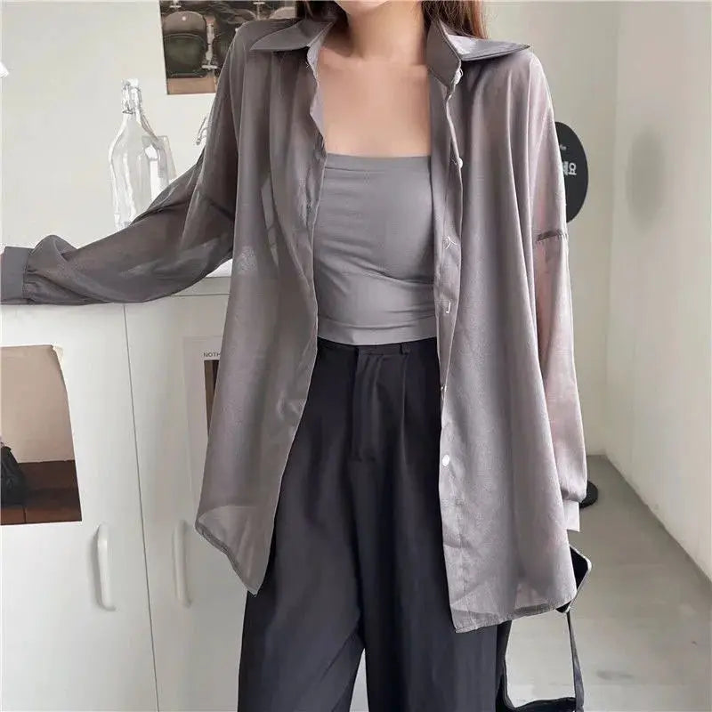 Xpqbb women's white chiffon shirt, sheer long-sleeve sun-protection blouse, loose casual fit