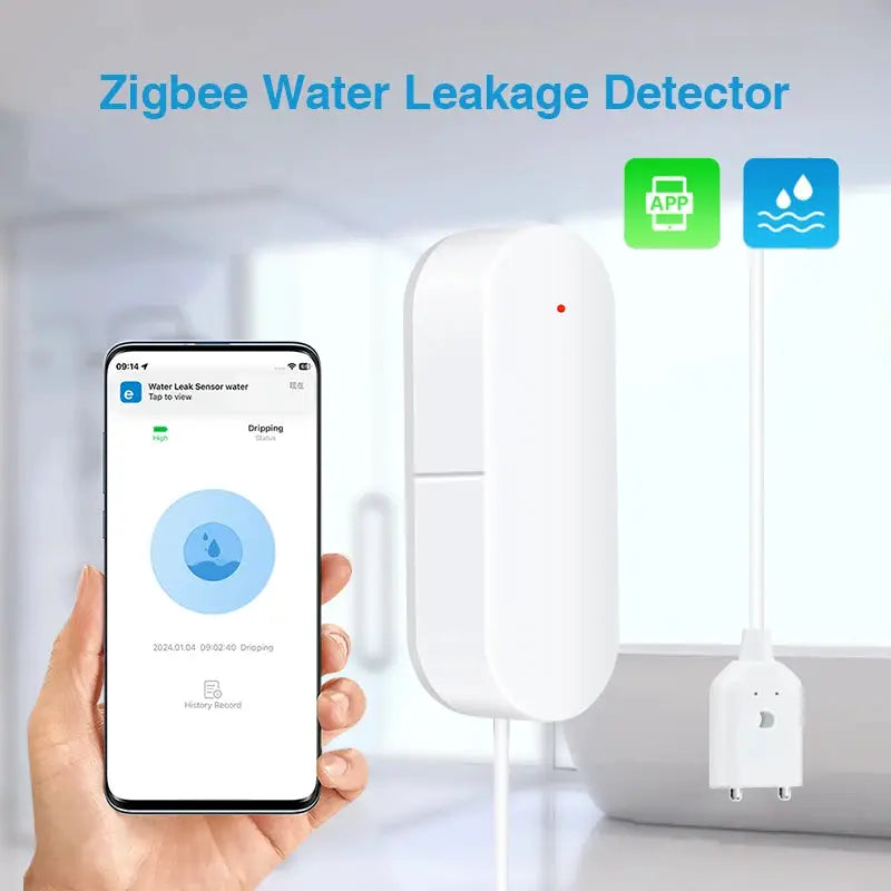 White Zigbee water leak detector with smartphone app interface