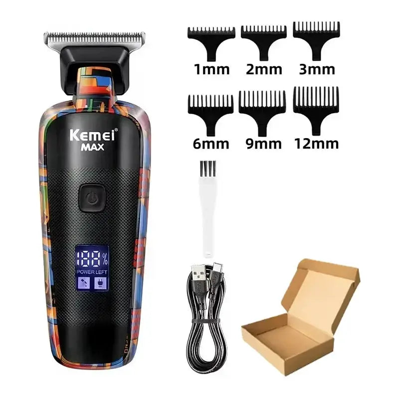 Kemei MAX electric hair clipper with graffiti pattern, rechargeable; includes 6 guard combs, USB cable, brush, and box.
