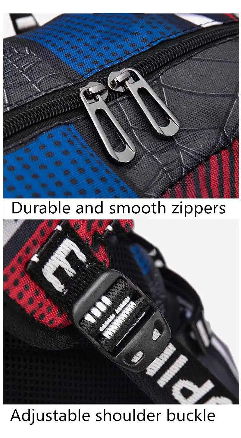 Backpack elementary school style with blue and red panels, durable zippers, and adjustable shoulder buckle