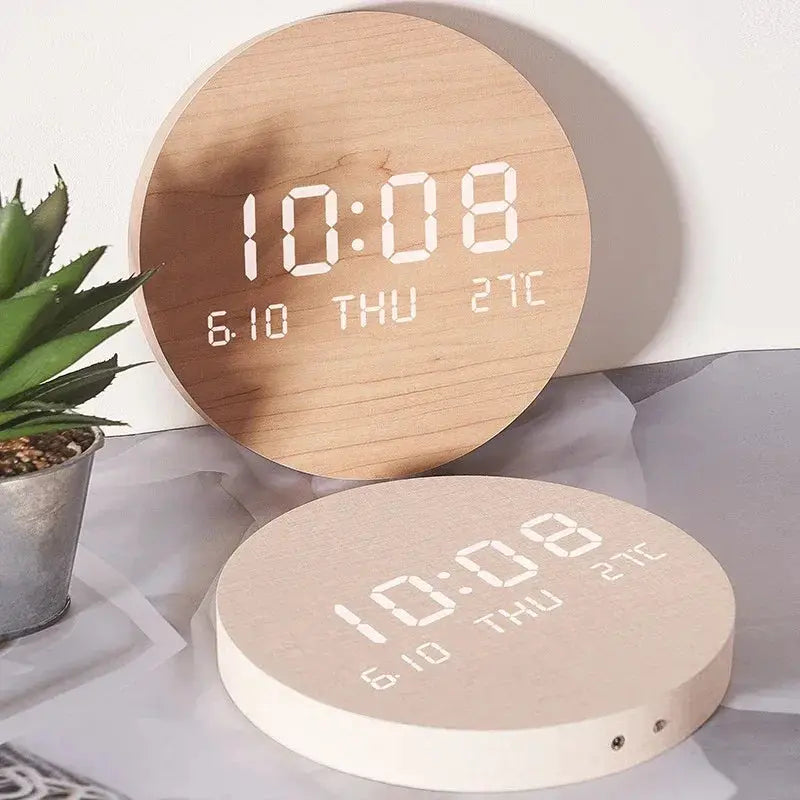 Round wood-finish LED digital wall clock displaying time, date and temperature; two clocks visible.