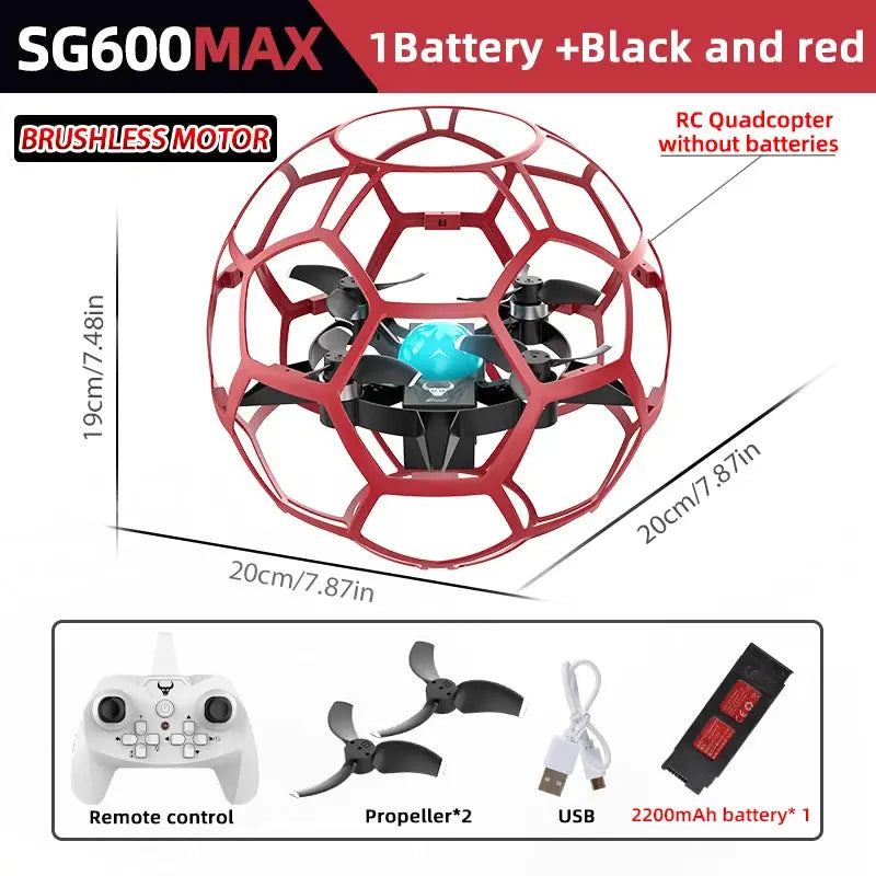 SG600 MAX brushless RC quadcopter by Simples Market with red cage; remote, 2 propellers, USB, 2200mAh battery
