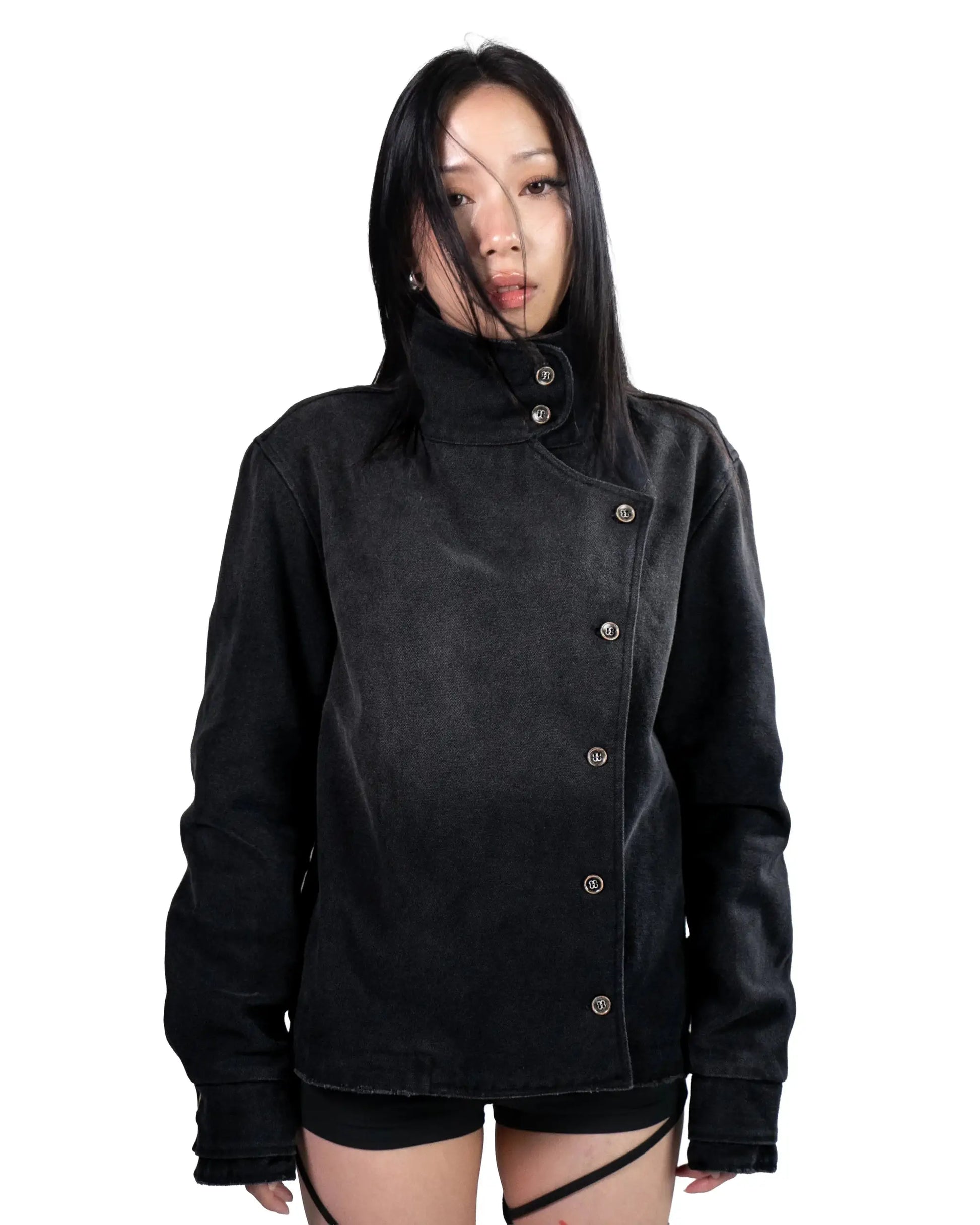Y2K fencing jacket by Simples Market; black canvas cotton with irregular metal buttons, unisex gothic streetwear