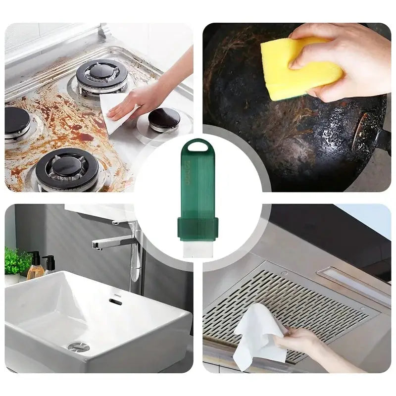 Reusable stain remover eraser in lime-green for kitchen faucets, bathroom surfaces and rust stains