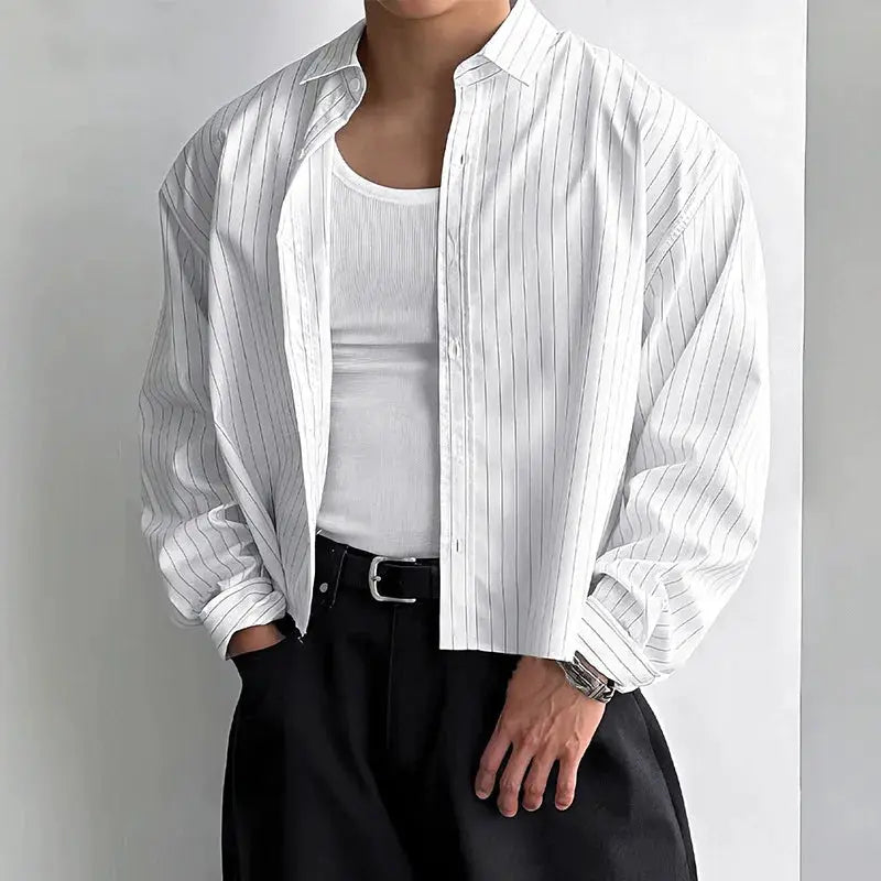 Men's white striped shirt cardigan, loose fit with lapel, long sleeves