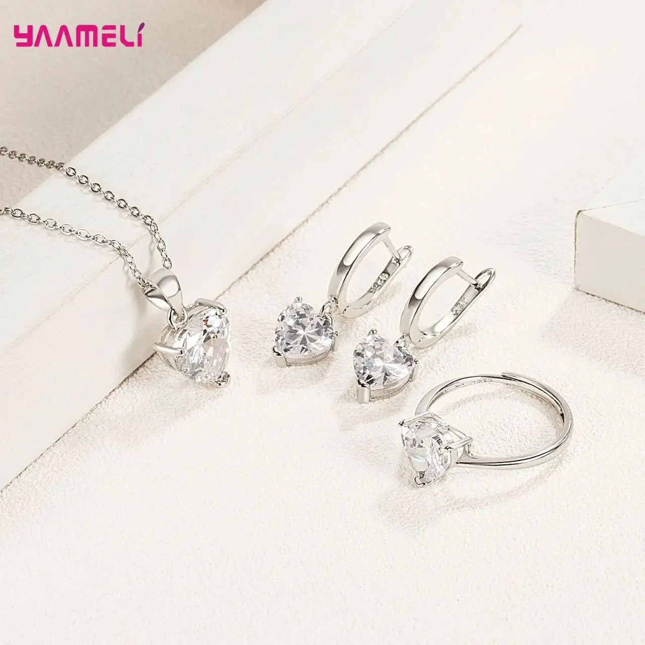 Fine 925 Sterling Silver Jewelry Gift Set For Women Heart Zircon Huggie Earrings Pendant Necklace Ring