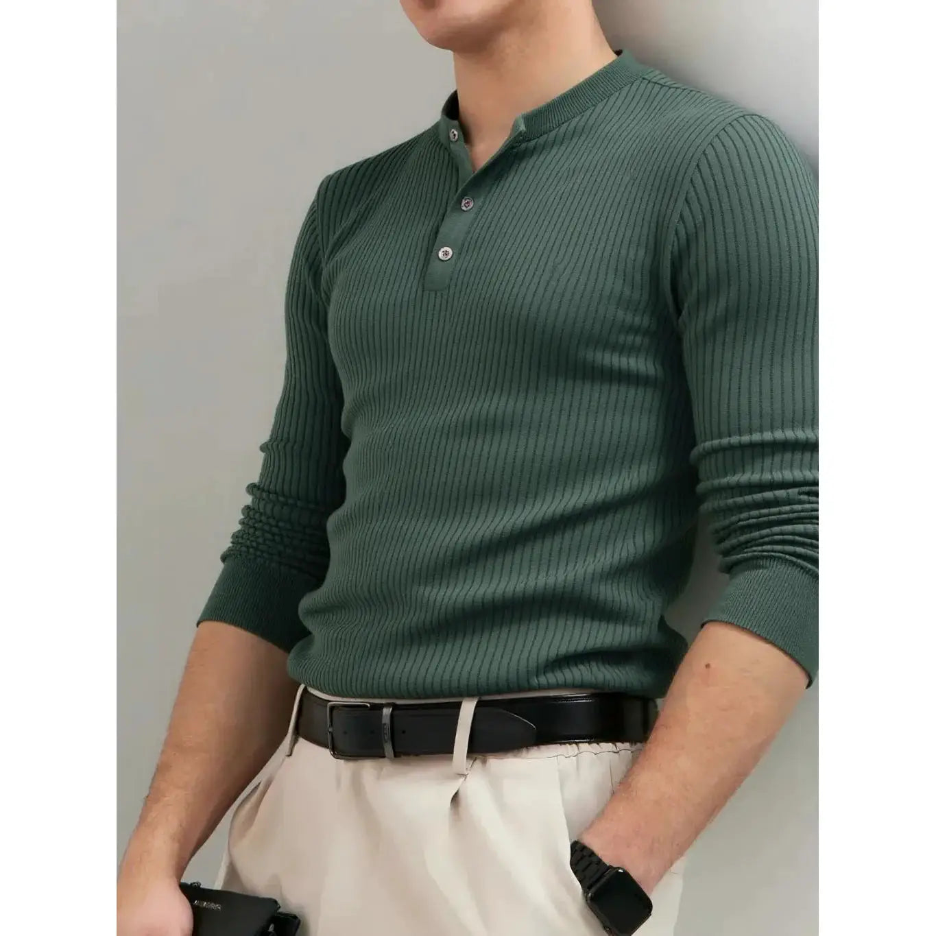 Simples Market AIOPESON green ribbed long-sleeve button placket polo shirt